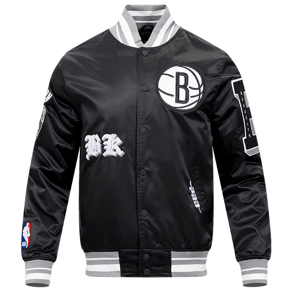 Pro Standard Brooklyn Nets Old English Rib Satin Jacket - Men's - Black/Gray