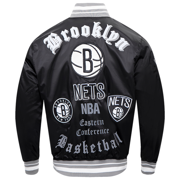 Pro Standard Brooklyn Nets Old English Rib Satin Jacket - Men's - Black/Gray - Image 2