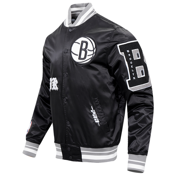 Pro Standard Brooklyn Nets Old English Rib Satin Jacket - Men's - Black/Gray - Image 3