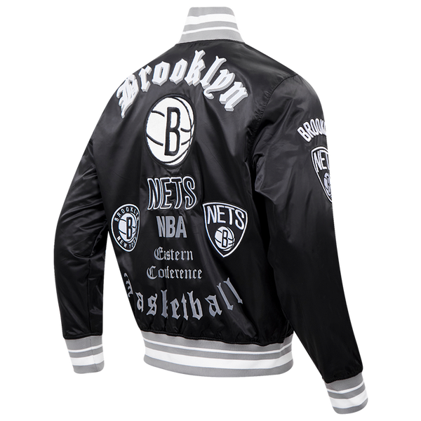 Pro Standard Brooklyn Nets Old English Rib Satin Jacket - Men's - Black/Gray - Image 4