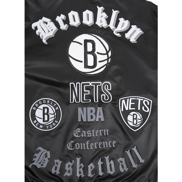 Pro Standard Brooklyn Nets Old English Rib Satin Jacket - Men's - Black/Gray - Image 9