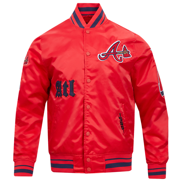 Pro Standard Atlanta Braves Old English Rib Satin Jacket - Men's - Red/Midnight Navy/Red