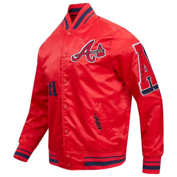 Pro Standard Atlanta Braves Old English Rib Satin Jacket - Men's - Red/Midnight Navy/Red - Image 3